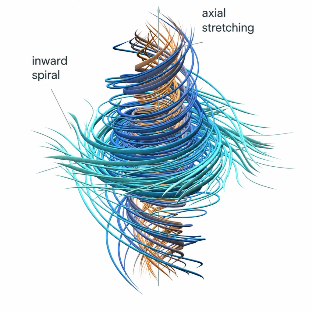 Схема образования сингулярности: закручивание вихря и осевое растяжение